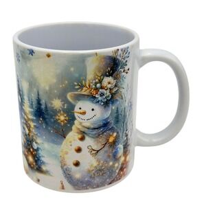 Vtg 80s Snowman Christmas Coffee Mug Cup Winter Forest Floral Top Hat Ceramic 4"
